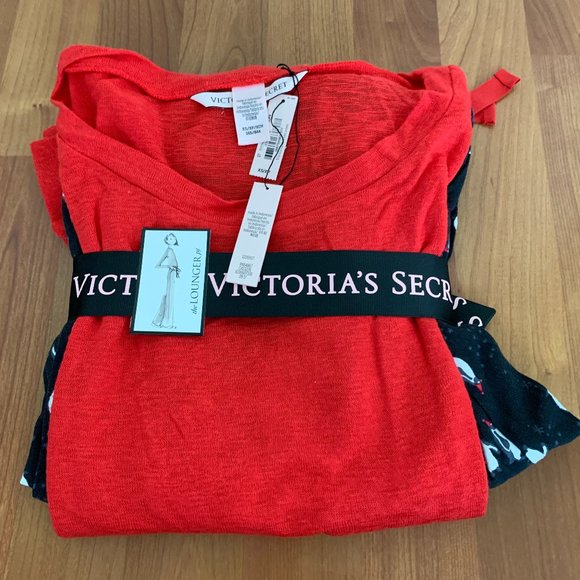 NWT VICTORIA’S SECRET THE LOUNGER PJ PAJAMA SET RED PARTY PENGUIN XSmall - Picture 1 of 6
